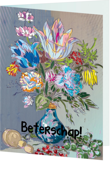 Beterschapskaart rustiek bloemstuk in vaas blauw