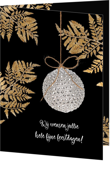 Kerstkaart goud en foto kerstbal