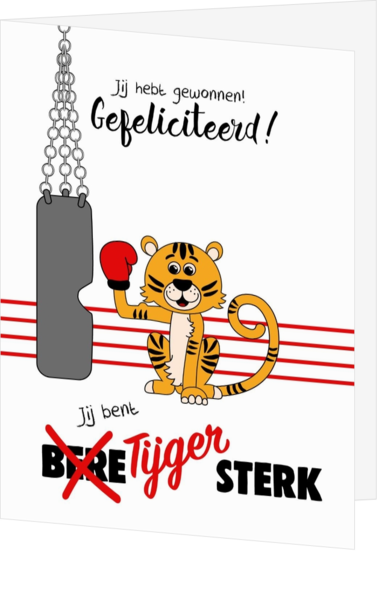 Grappige kinderkaart met een tijgertje met een bokshandschoen