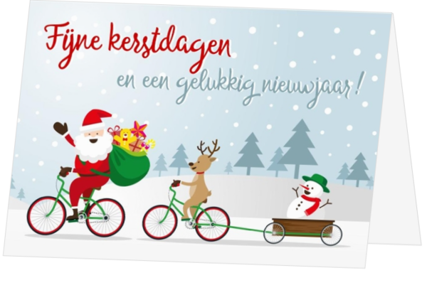 Kerstkaart kerstman en rendier op de fiets