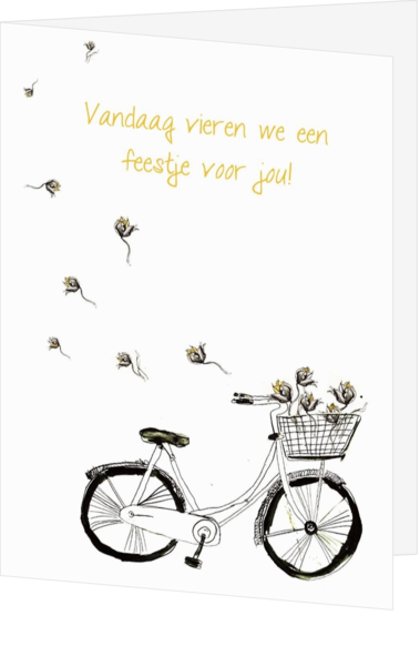 Verjaardagskaart fiets met tulpen.