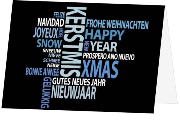 Zwarte kerstkaart met kerstwensen in lichte letters