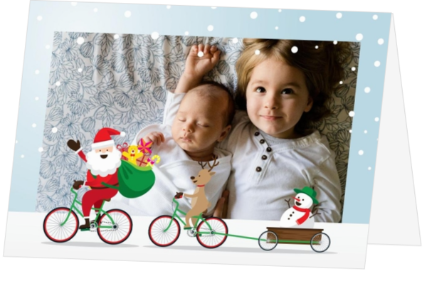 Kerstkaart kerstman op fiets met eigen foto 