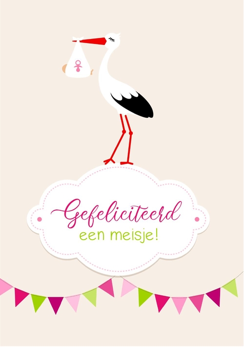 Geboorte felicitatiekaart ooievaar meisje Voorkant