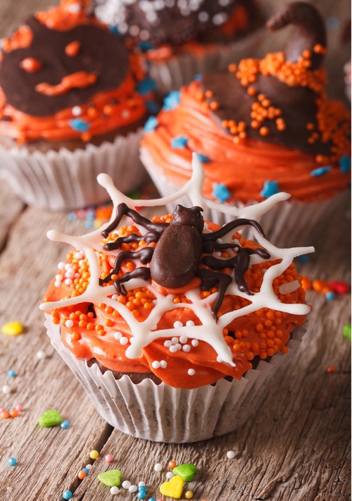 Halloweenkaart cupcake met spin Voorkant