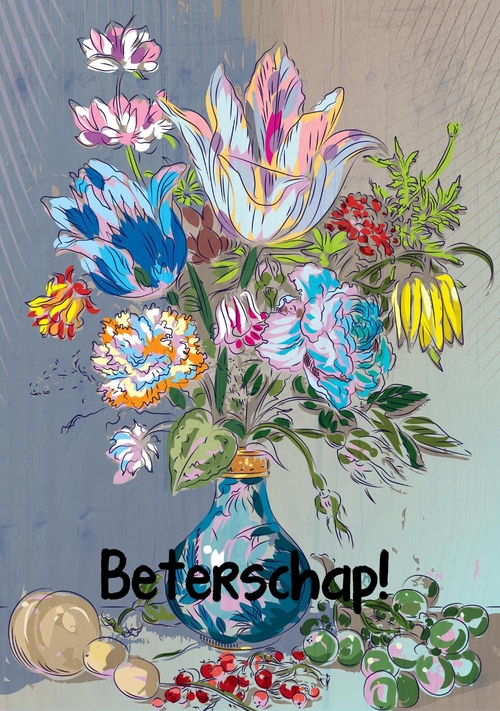 Beterschapskaart rustiek bloemstuk in vaas blauw Voorkant