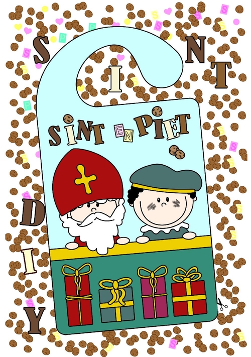 Sinterklaas DIY deurhanger met Sint en Piet. Voorkant