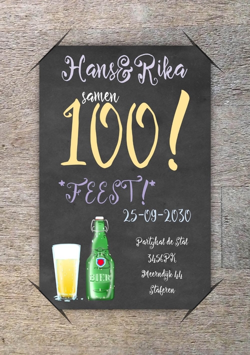 Uitnodigingskaart samen 100 bier Voorkant