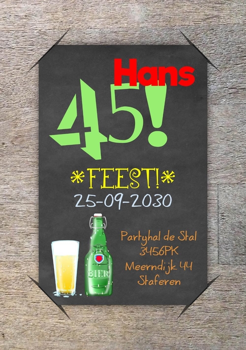 Uitnodigingskaart 45 feest biertjes Voorkant