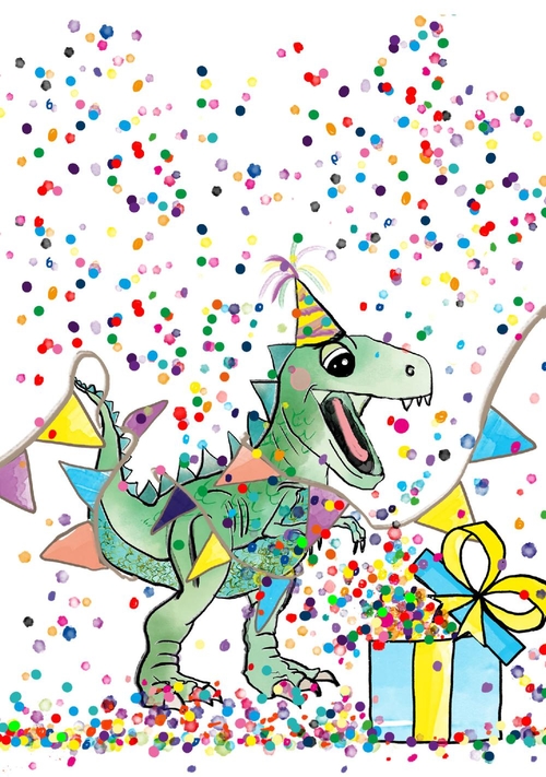 Verjaardagkaart met een feestelijke dinosaurus Voorkant