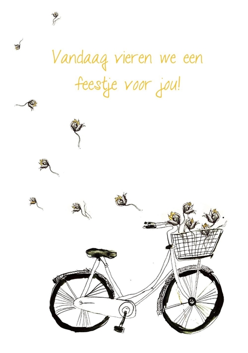 Verjaardagskaart fiets met tulpen. Voorkant