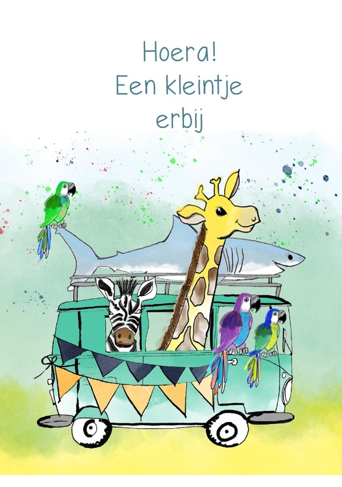 Verjaardagskaart met een bus vol feest dieren Voorkant