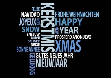 Zwarte kerstkaart met kerstwensen in lichte letters Voorkant