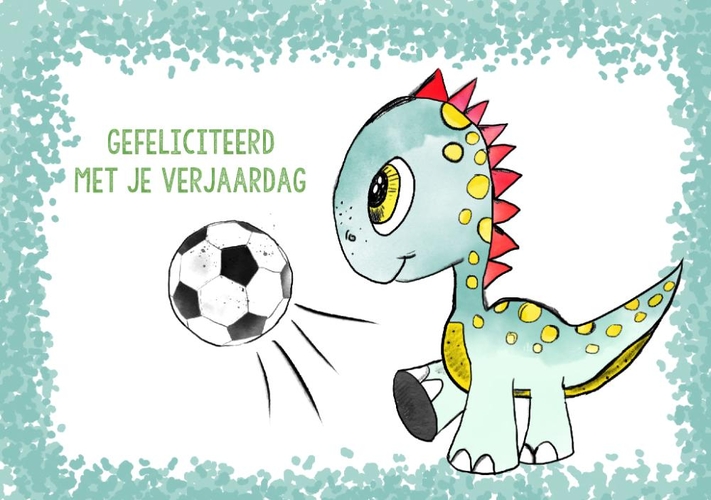 Geboorte Felicitatiekaart Baby dino voetbal Voorkant