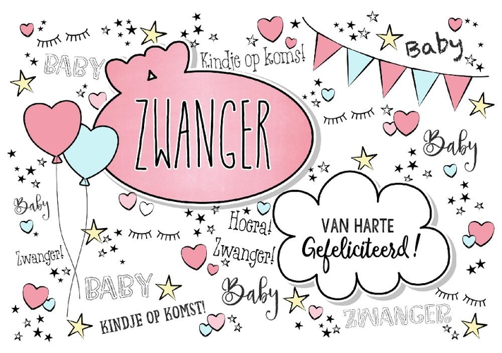 Hippe felicitatie zwangerschap in handlettering stijl met hartjes en ballonnen (Enkel) Voorkant