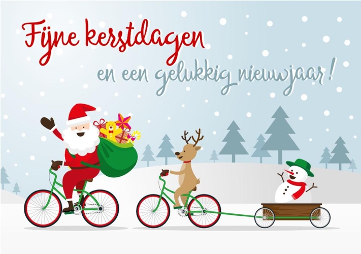 Kerstkaart kerstman en rendier op de fiets Voorkant