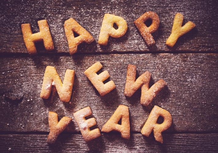 Nieuwjaarskaart HAPPY NEW YEAR koekjes Voorkant