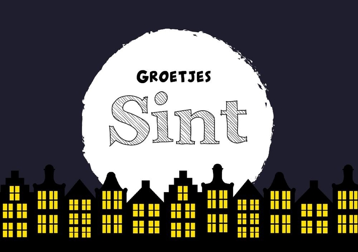 Sinterklaas Groetjes van Sint. Grote maan achter huisjes Voorkant