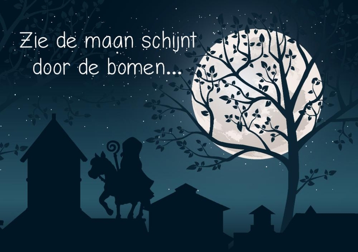 Sinterklaaskaart maan door de bomen Voorkant