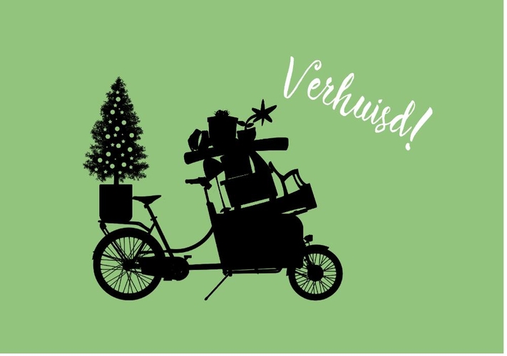 verhuisd met bakfiets en kerstboom groen Voorkant