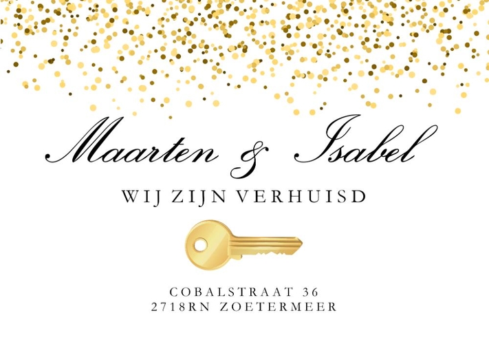 Verhuiskaart gouden confetti  Voorkant