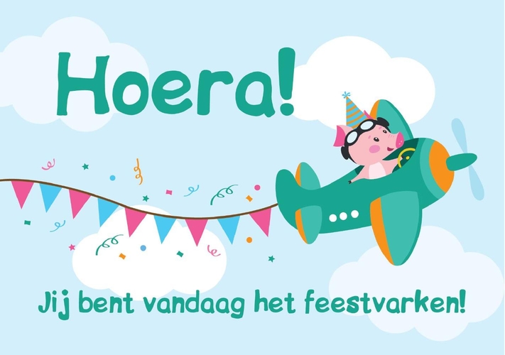 Verjaardagskaart feestvarken in een vliegtuigje Voorkant