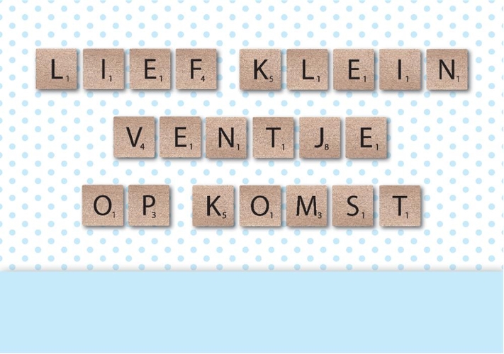 Zwangerschapskaart scrabble letters ventje Voorkant